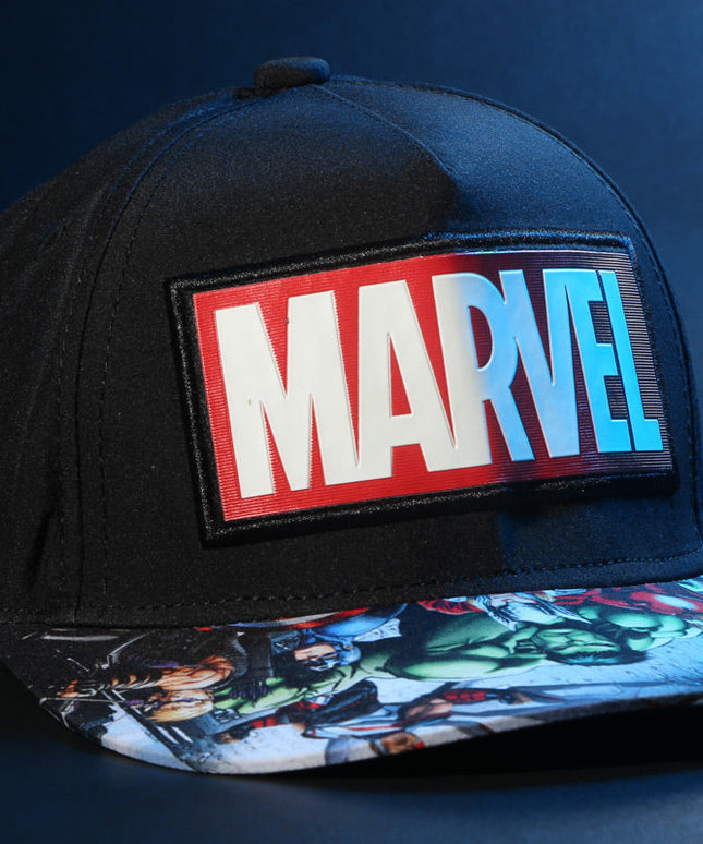 Marvel Avengers Official Licensed Baseball Cap with Comic Print Visor | Black Snapback Hat