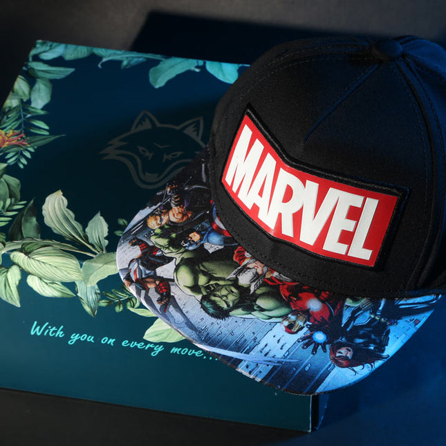 Marvel Avengers Official Licensed Baseball Cap with Comic Print Visor | Black Snapback Hat