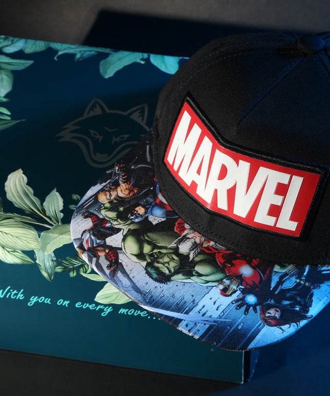 Marvel Avengers Official Licensed Baseball Cap with Comic Print Visor | Black Snapback Hat