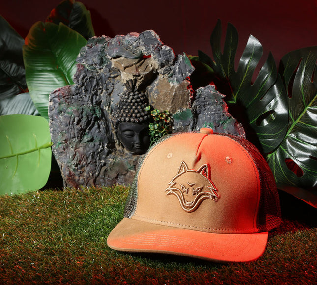 Vulpera Desert Stealth Premium Trucker Cap | 3D Fox Embroidery | Desert Tan & Camo Mesh | Heavy Cotton Twill Snapback