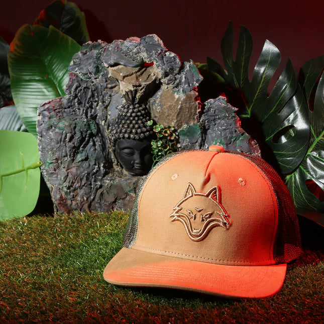Vulpera Desert Stealth Premium Trucker Cap | 3D Fox Embroidery | Desert Tan & Camo Mesh | Heavy Cotton Twill Snapback