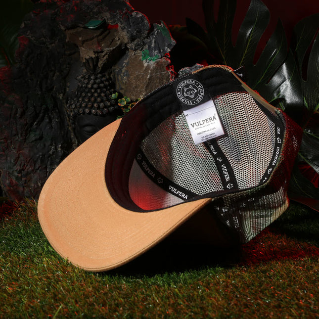 Vulpera Desert Stealth Premium Trucker Cap | 3D Fox Embroidery | Desert Tan & Camo Mesh | Heavy Cotton Twill Snapback