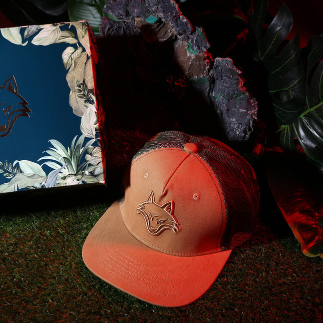 Vulpera Desert Stealth Premium Trucker Cap | 3D Fox Embroidery | Desert Tan & Camo Mesh | Heavy Cotton Twill Snapback