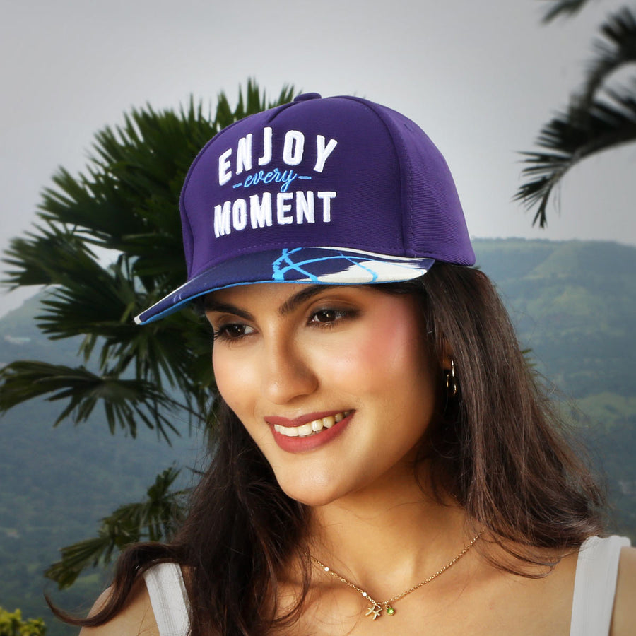 Vulpera Enjoy Every Moment Premium Baseball Cap | Violet Designer Visor Cap with 3D Embroidery