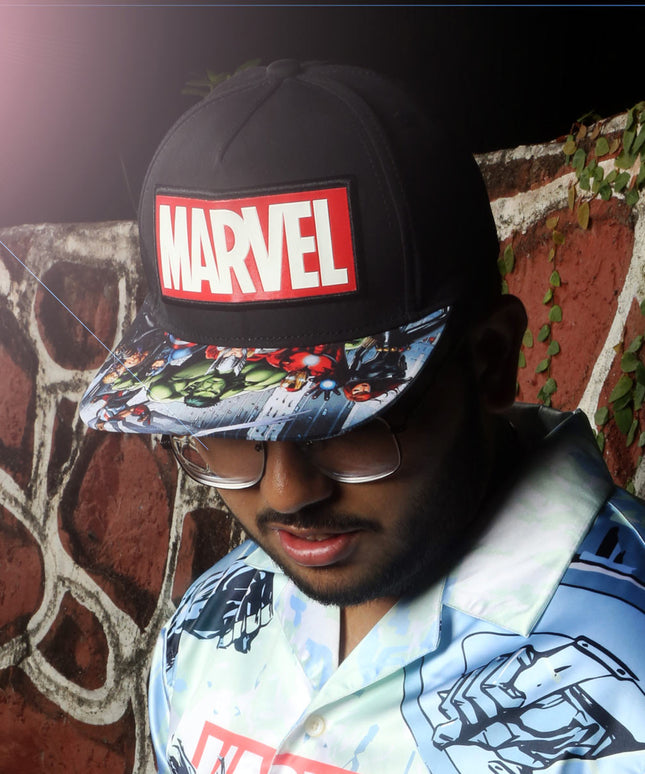 Marvel Avengers Official Licensed Baseball Cap with Comic Print Visor | Black Snapback Hat
