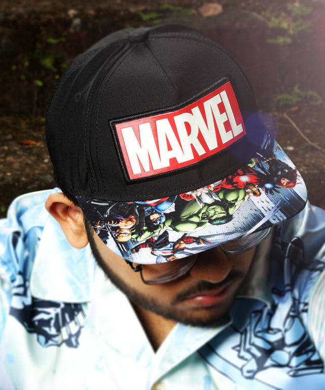 Marvel Avengers Official Licensed Baseball Cap with Comic Print Visor | Black Snapback Hat