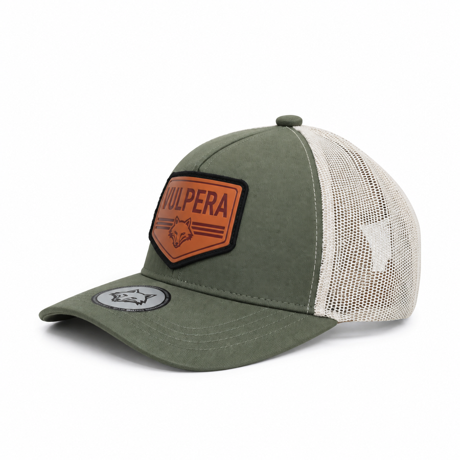 Vulpera Originals Premium Trucker Cap with PU Leather Patch | Grey & Off White Mesh Baseball Cap | Adjustable Snapback