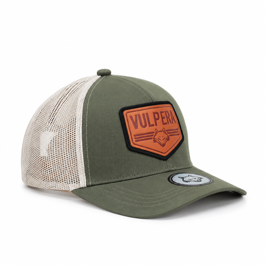 Vulpera Originals Premium Trucker Cap with PU Leather Patch | Grey & Off White Mesh Baseball Cap | Adjustable Snapback
