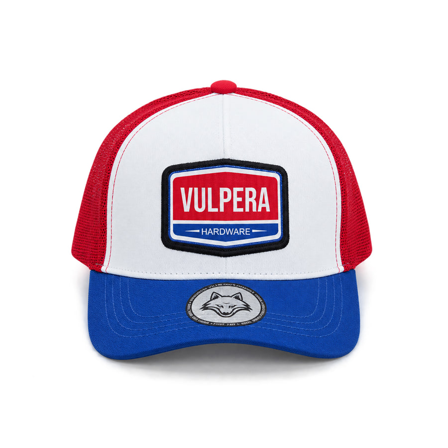 Vulpera Hardware Edition Premium Trucker Cap | Tricolour Red White Blue Mesh Baseball Cap