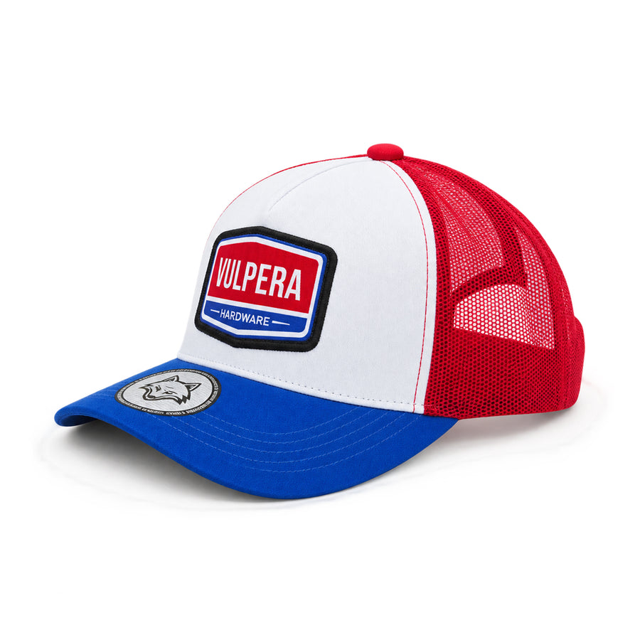 Vulpera Hardware Edition Premium Trucker Cap | Tricolour Red White Blue Mesh Baseball Cap